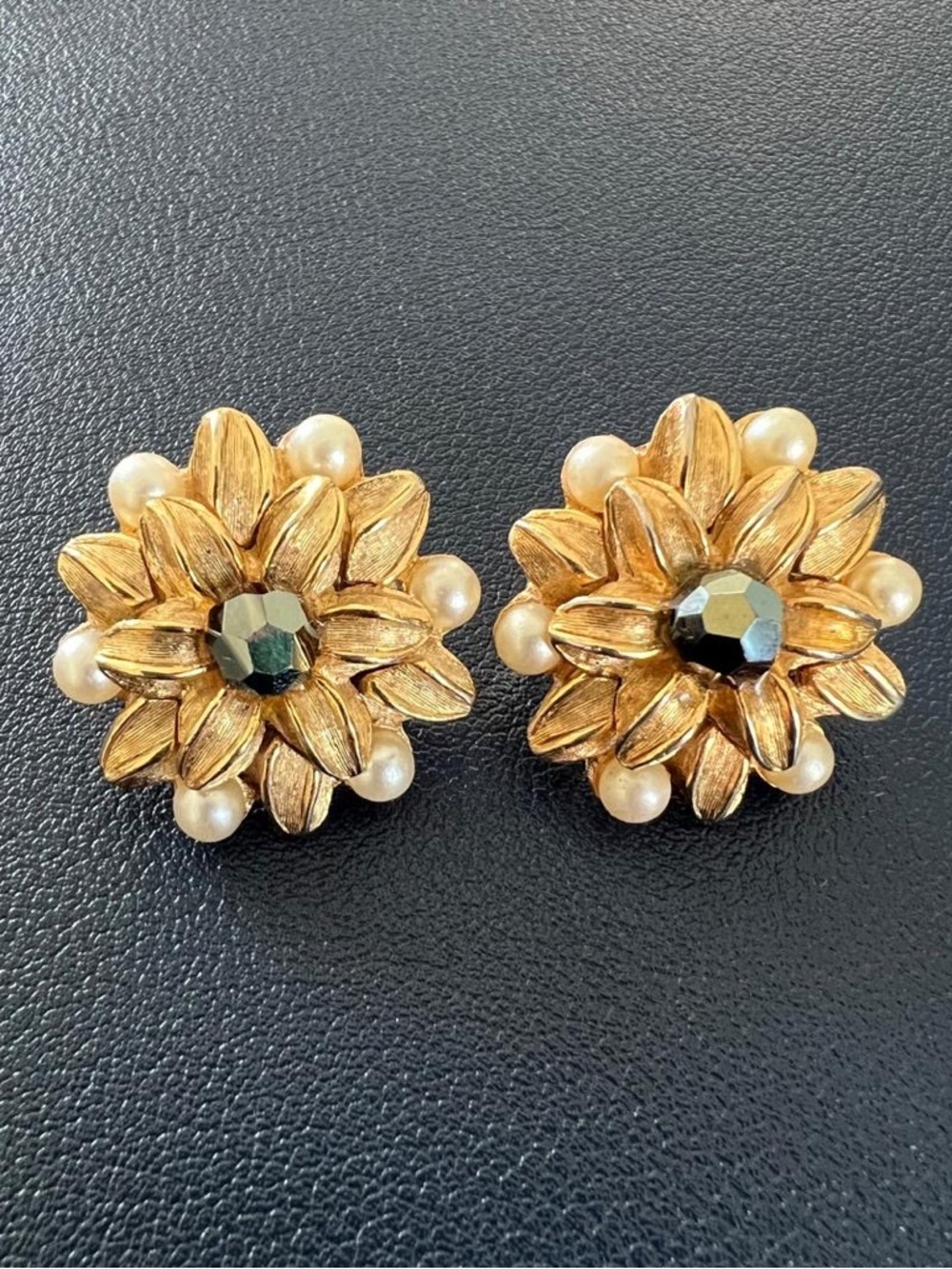 Vintage Crown Trifari Golden Floral Pearl Accent Clip-On Earrings